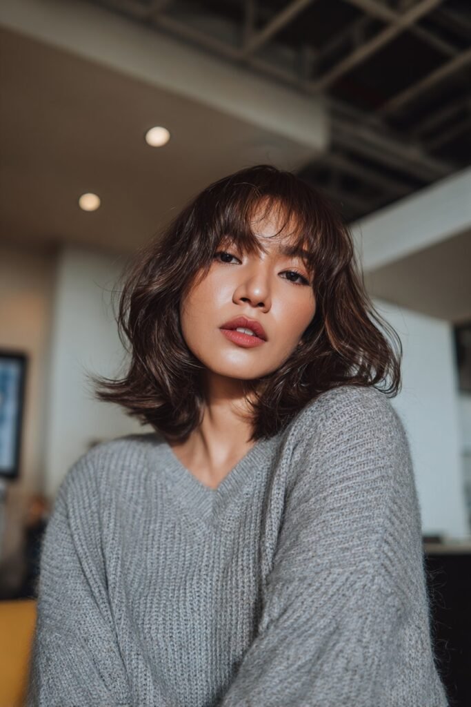 collarbone lob haircut with butterfly bangs