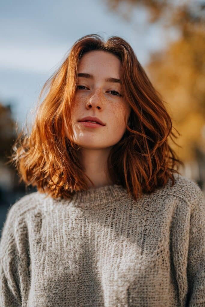 Copper halo hair dye with warm glowing tones through mid-lengths