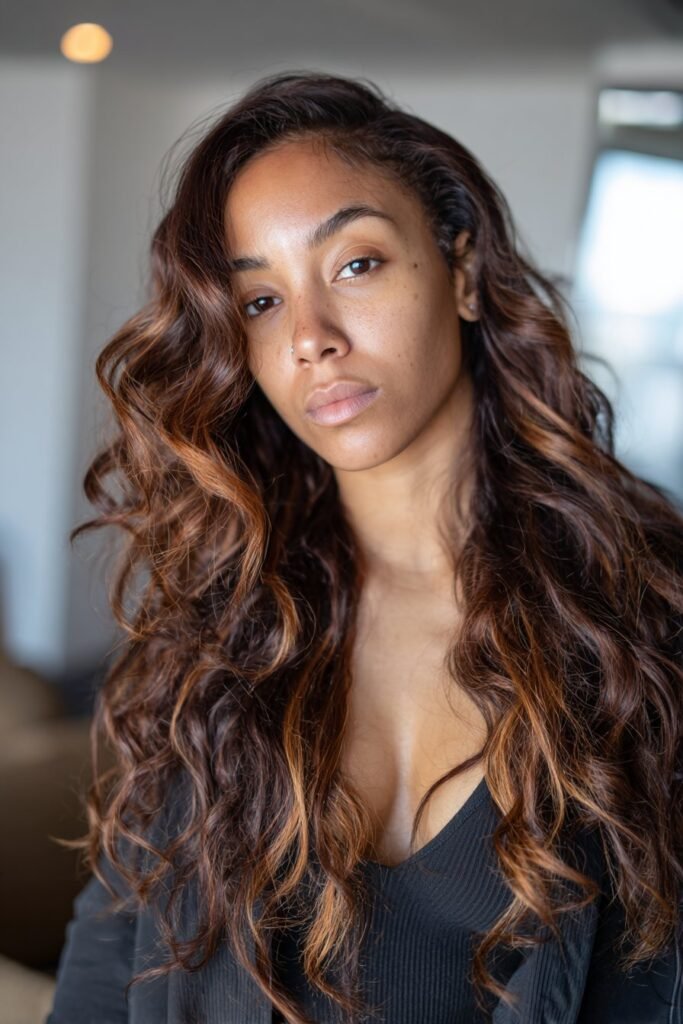woman with dark brown hair and warm copper highlights
