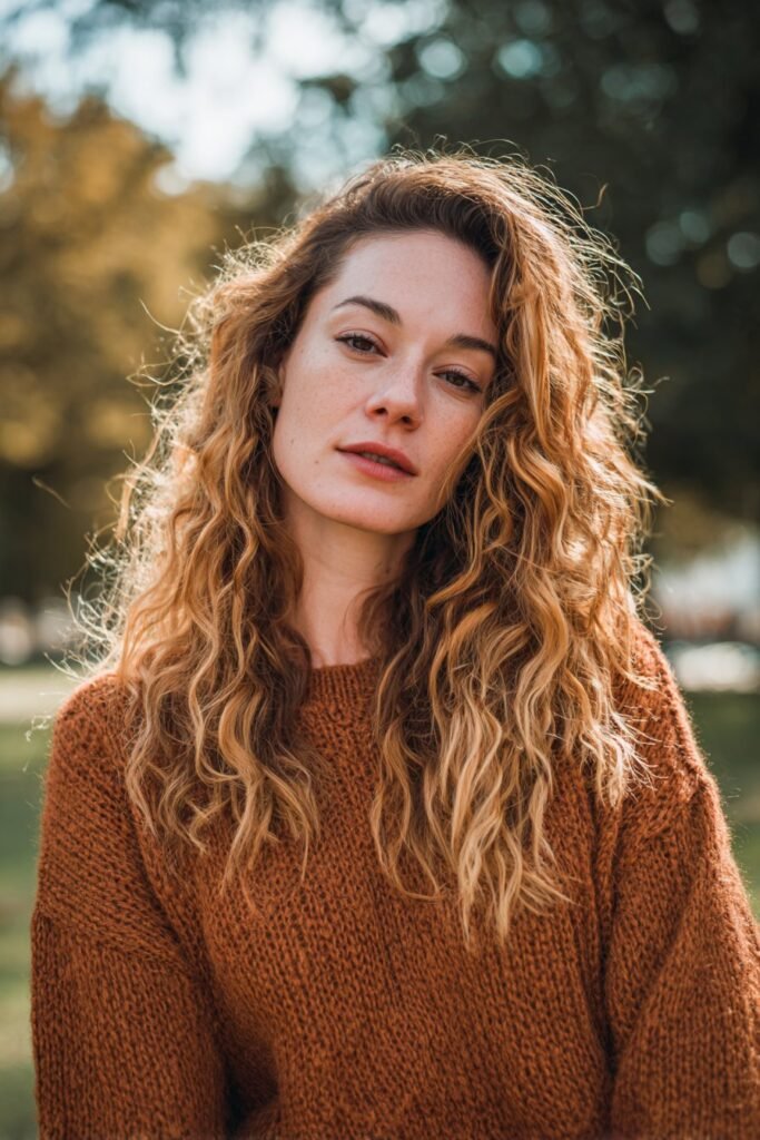 Dirty blonde hair with warm copper highlights through soft waves