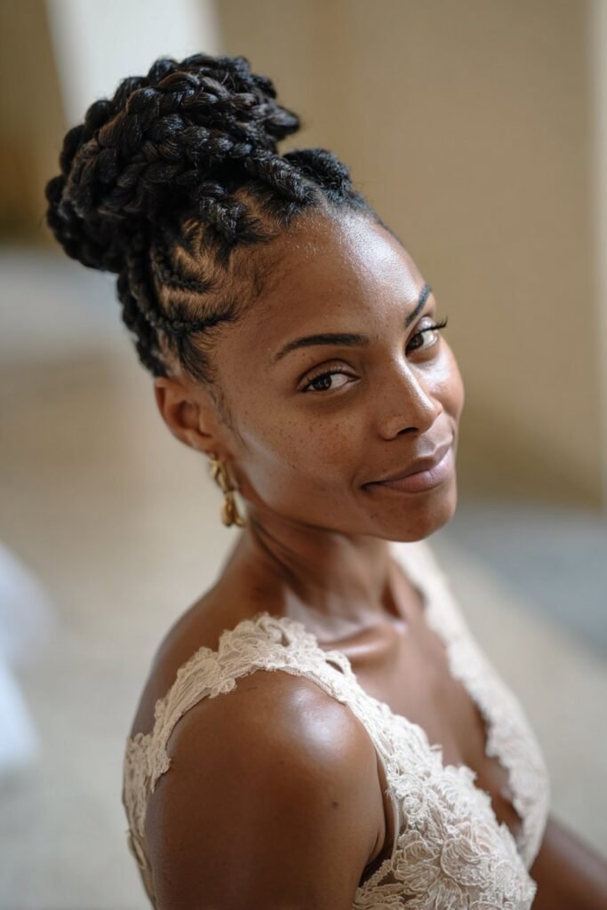 Black bride with cornrow bun, updo wedding hairstyle for Black women.