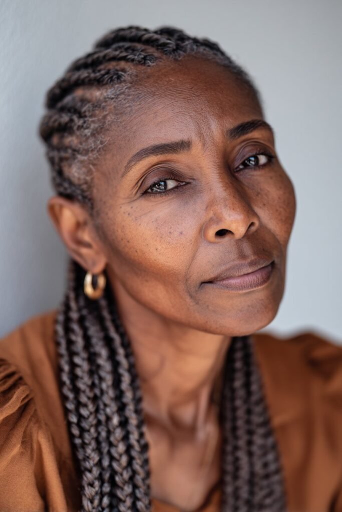 Older Black woman with neat cornrows braided close to the scalp