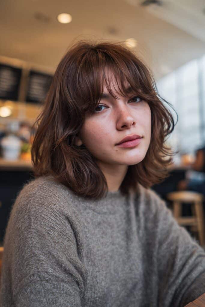 medium length shag haircut with curtain bangs