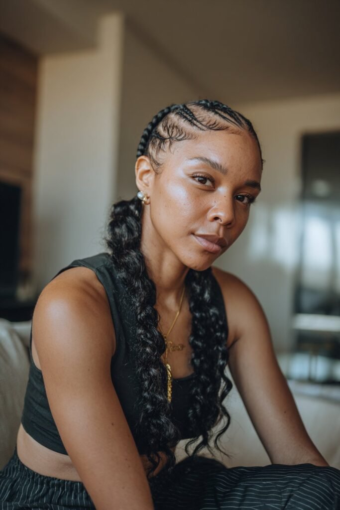 young woman with curved cornrow ponytail, arched braid pattern, smooth flow