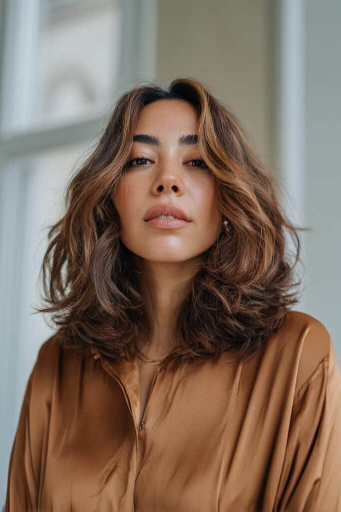 Caramel and copper highlights blended through soft wavy hair