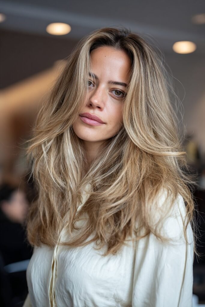 Dirty blonde hair with highlights using a dimensional highlight technique
