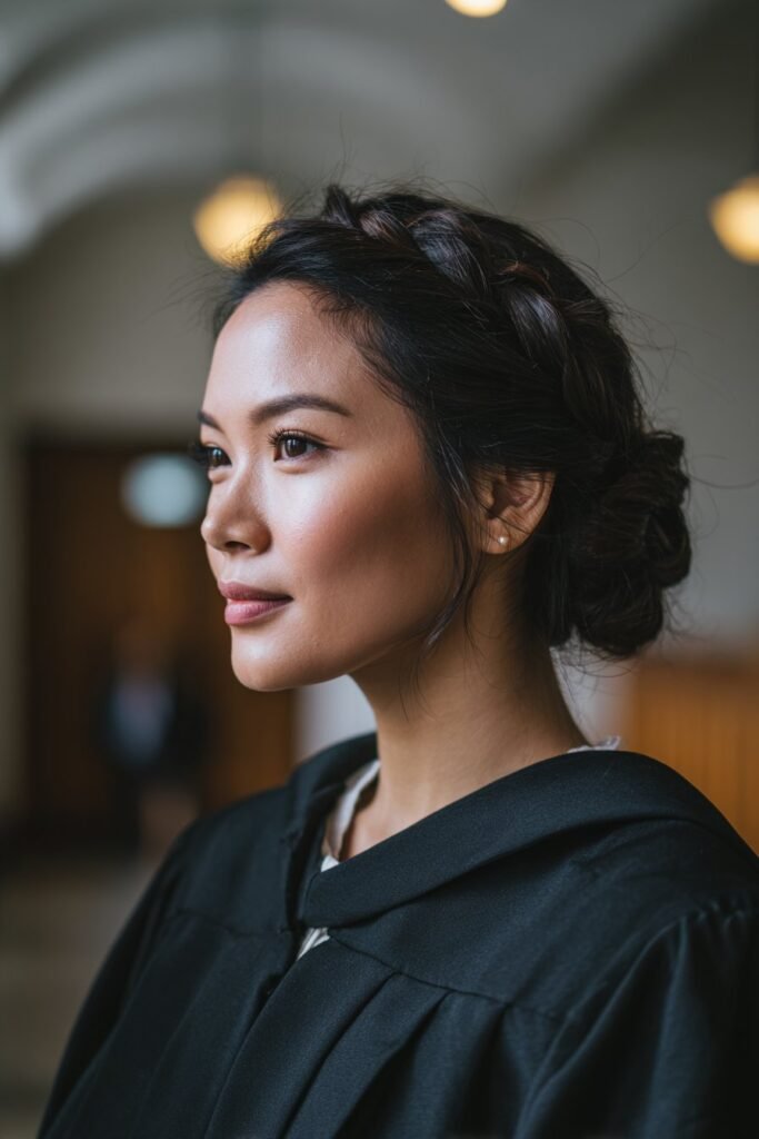 young woman with elegant chignon, classic grad hairstyles look