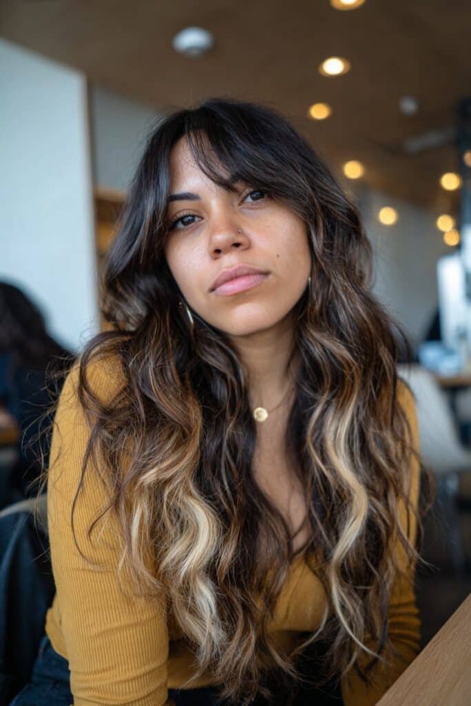 woman with dark brown hair and face framing highlights