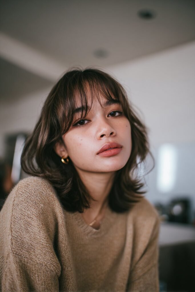 woman with face framing lob and airy bangs