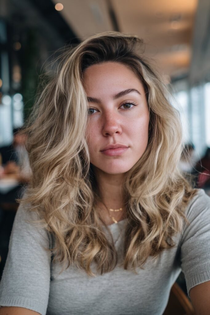 Dirty blonde hair with highlights and bright face-framing money piece
