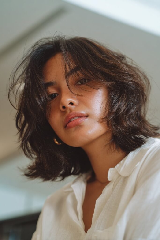 woman with face framing shag haircut