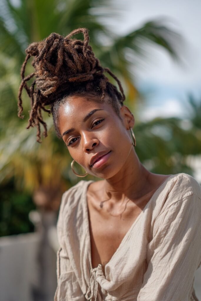 Black woman with faux locs bun and loose locs.