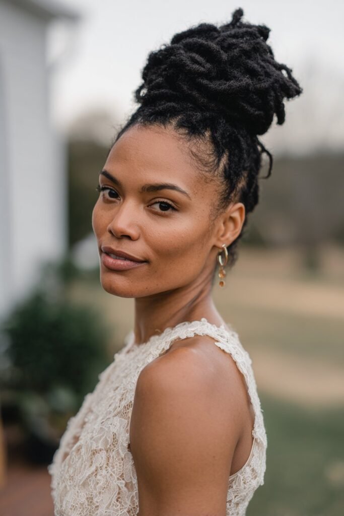 Black bride with faux loc bun, updo wedding hairstyle for Black women.