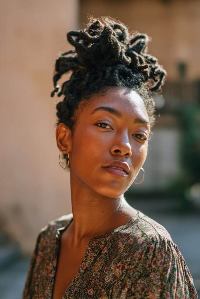 Black woman with faux locs bun, wig updo hairstyle for Black women.
