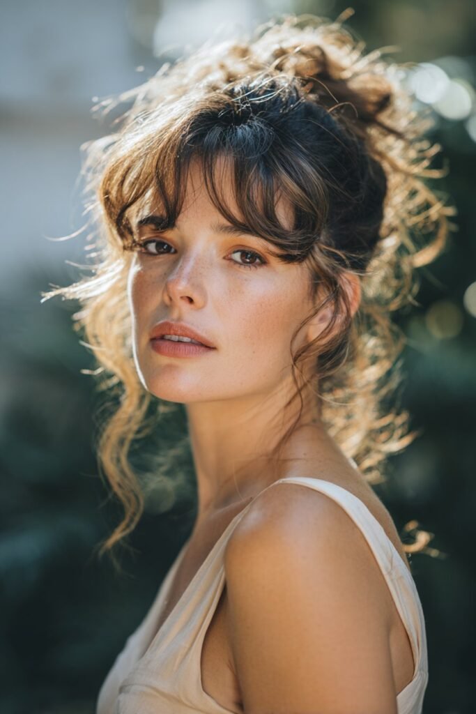 woman with feathered half-up style, airy layered fancy hairstyles