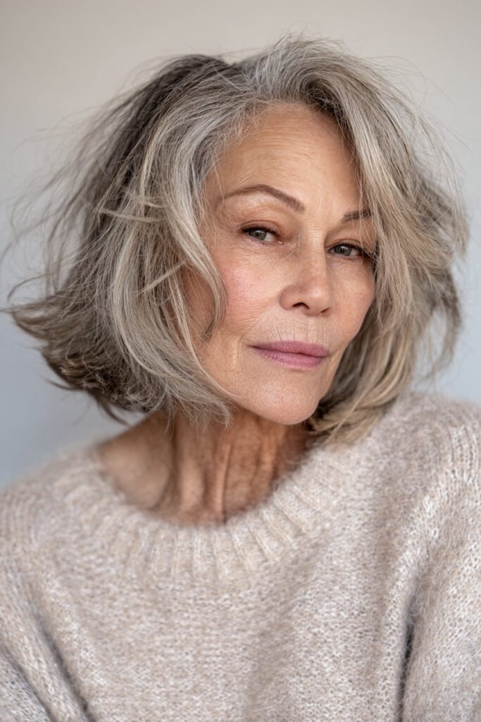 woman over 70 with feathered layered haircut