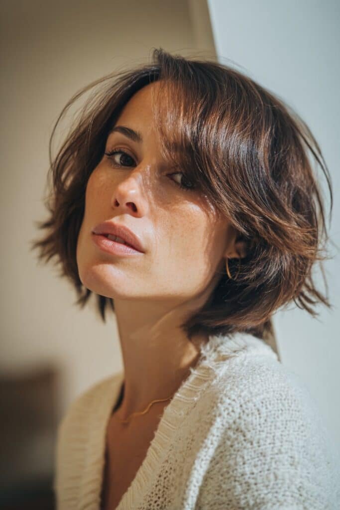 woman with feathered wispy shag haircut