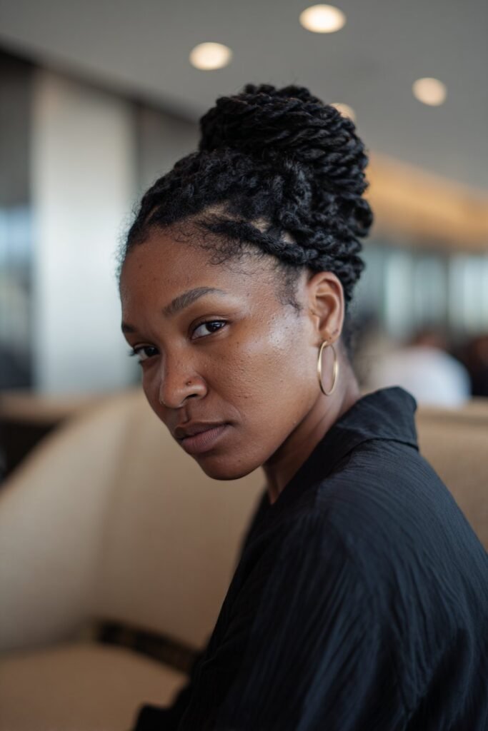 Black woman with feed-in flat twists styled into a bun.