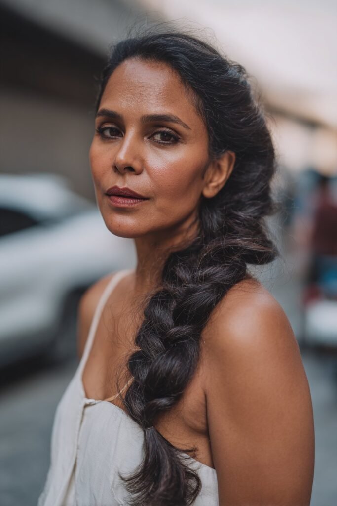 woman with fishtail braid over shoulder, detailed fancy hairstyles