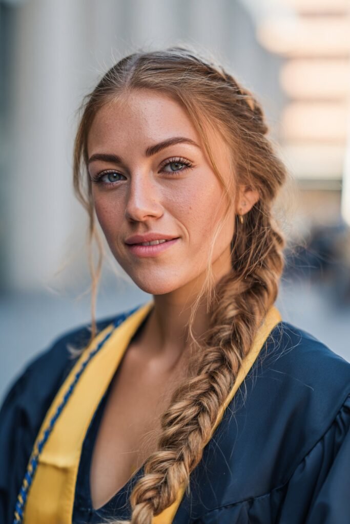 young woman with fishtail braid over shoulder, stylish grad hairstyles