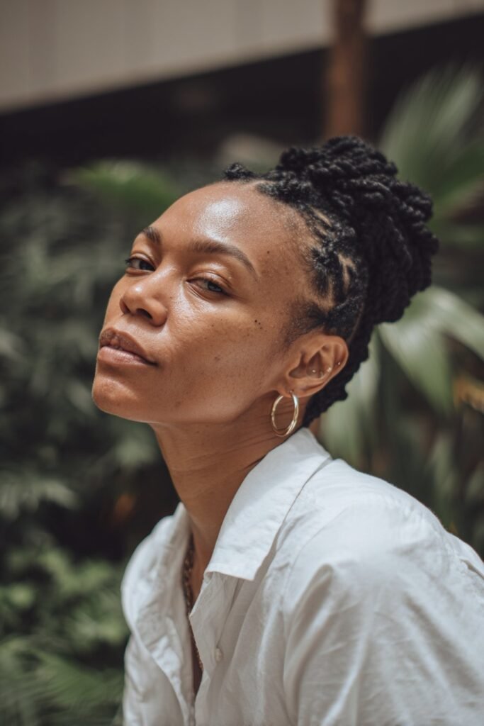 Black woman with flat twist crown halo updo.