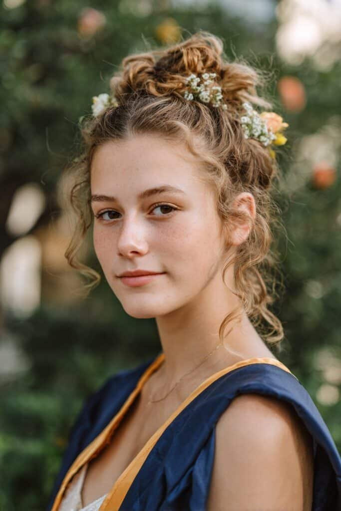 young woman with floral accent updo, soft romantic grad hairstyles