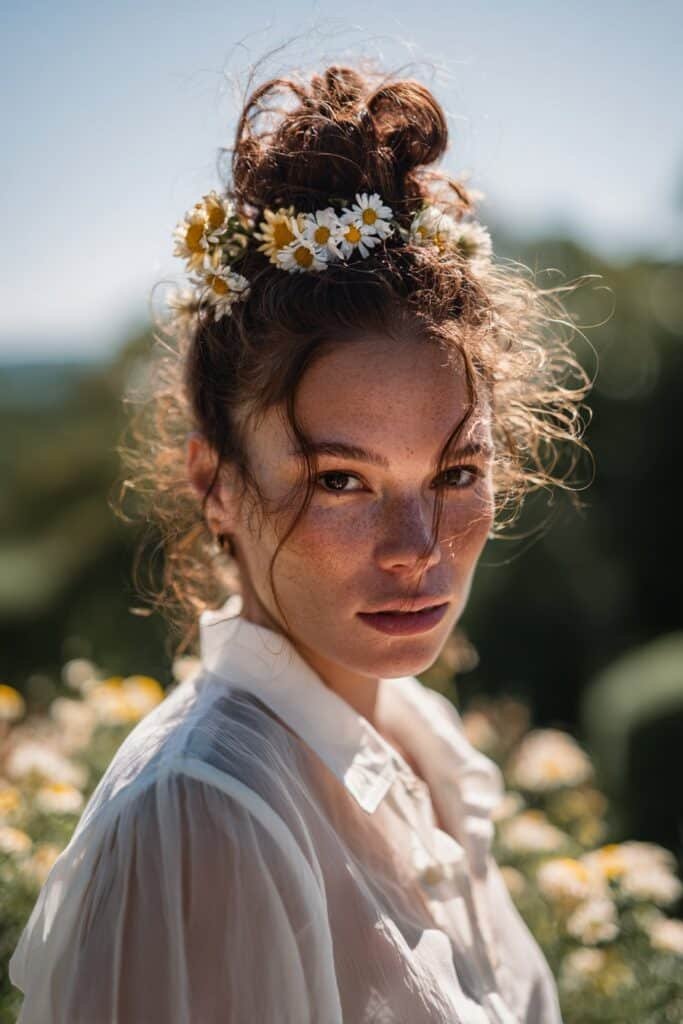 Woman with floral bun decorated with fresh flowers.