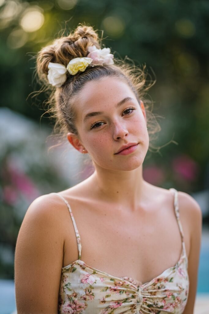 girl with floral pin up dance hairstyle