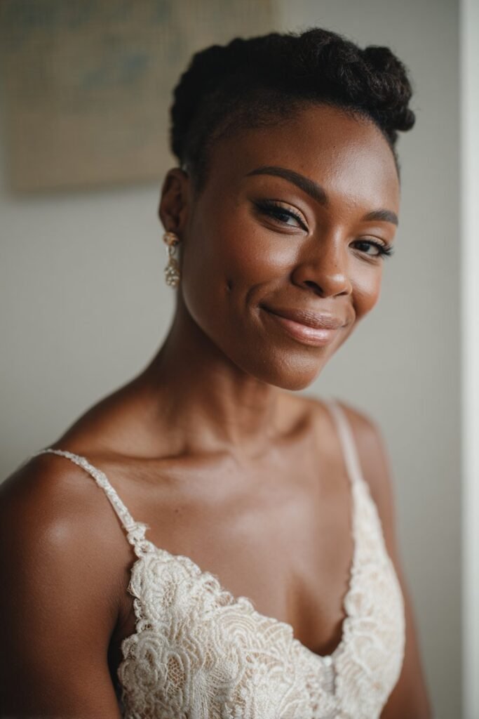 Black bride with smooth French roll bridal updo.