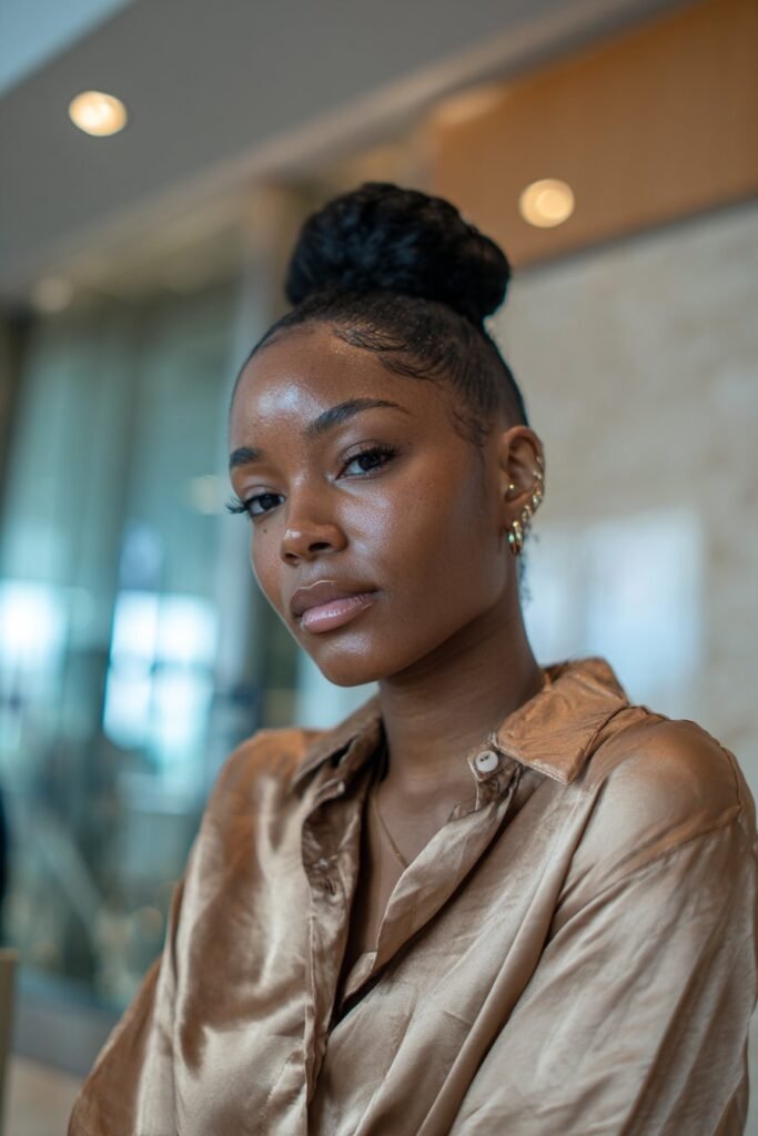 Black woman with elegant French twist wig updo hairstyle.