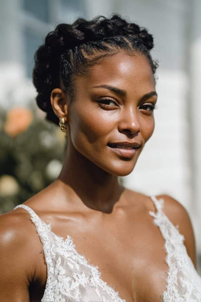 Black bride with goddess braid crown, updo wedding hairstyle for Black women.
