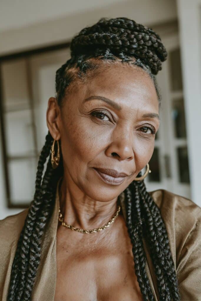 Older Black woman with thick goddess braids styled in a crown effect
