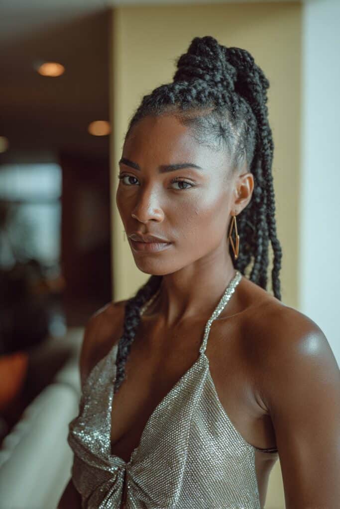 young woman with goddess cornrow ponytail, thick braids, soft volume finish
