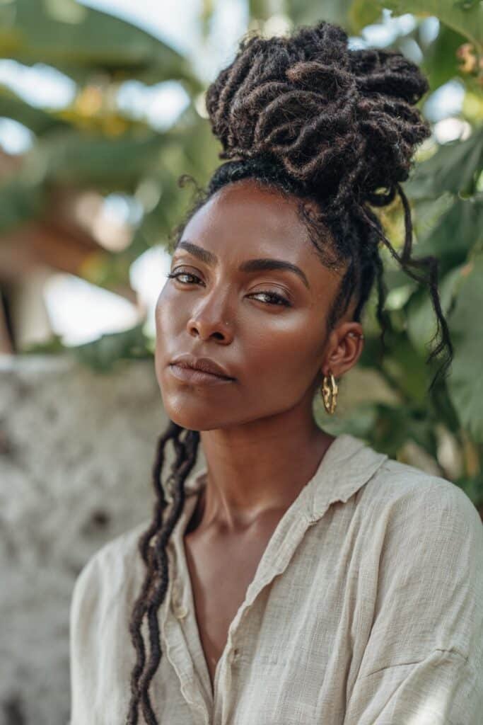 Black woman with goddess locs bun, wig updo hairstyle for Black women.