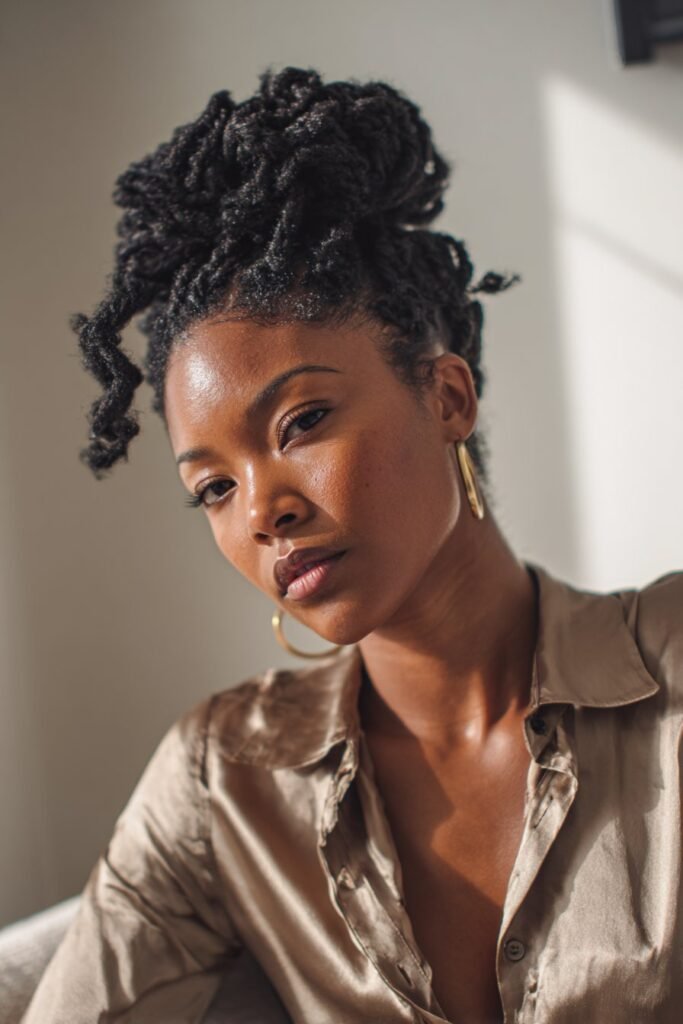 Black woman wearing goddess twist bun, black hair twist updo hairstyles.