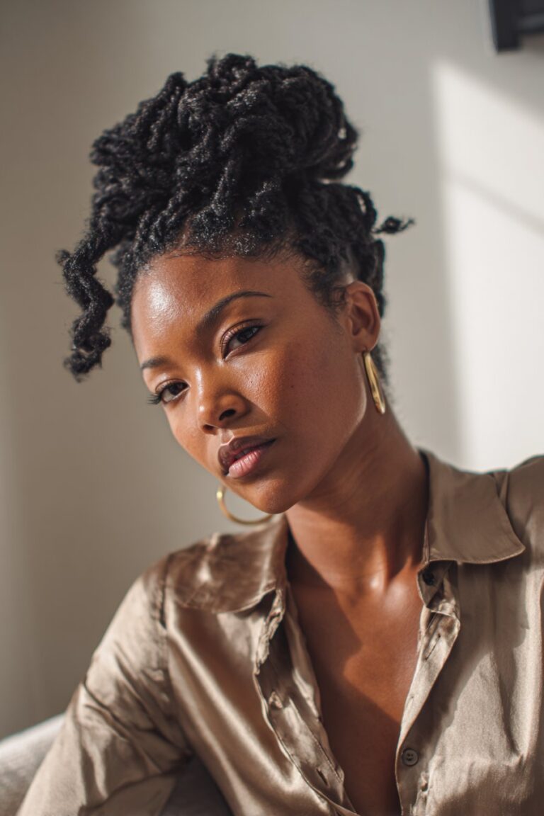Black woman wearing goddess twist bun, black hair twist updo hairstyles.