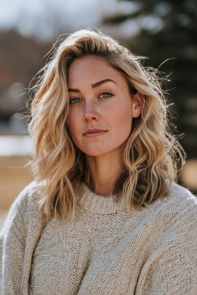 Golden bronde highlights blended through soft dirty blonde hair
