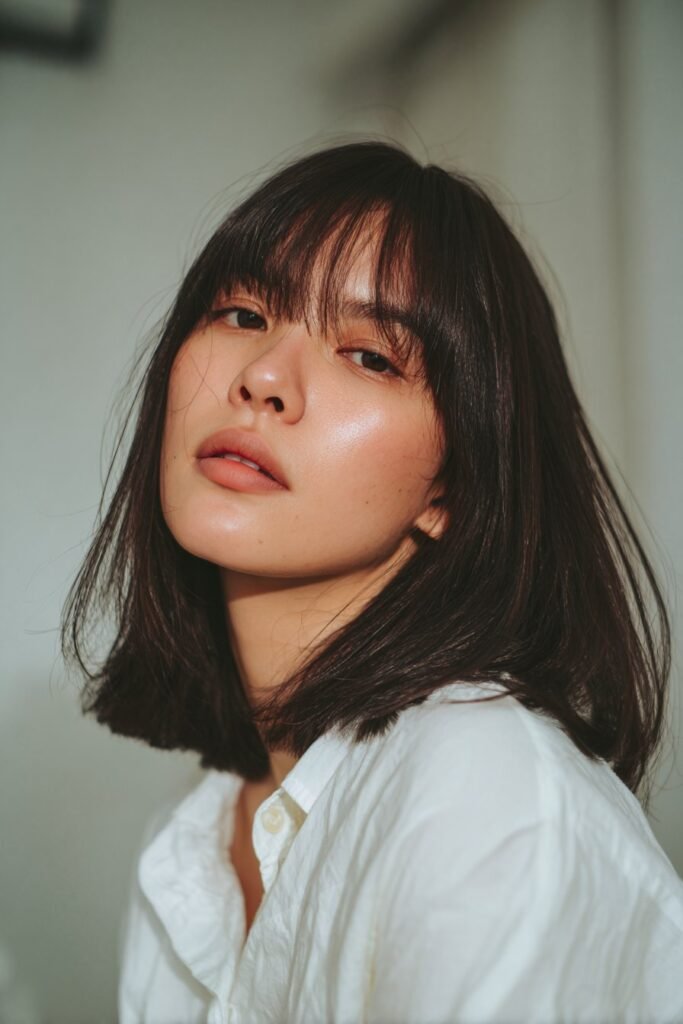graduated lob haircut with see through bangs