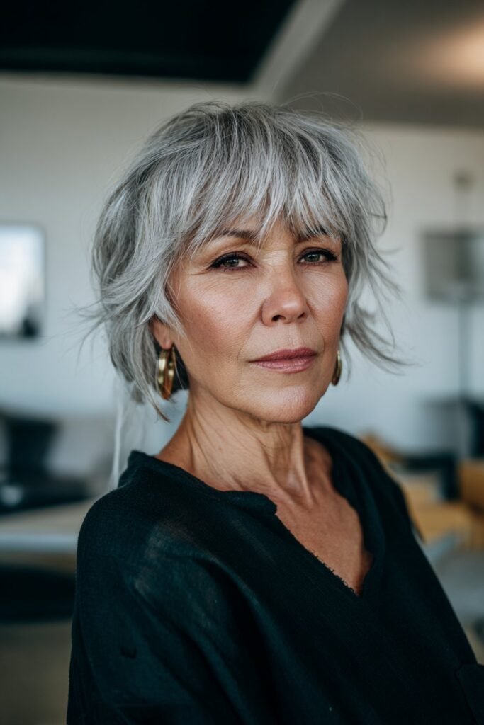 Gray bixie cut combining pixie and bob for modern older women