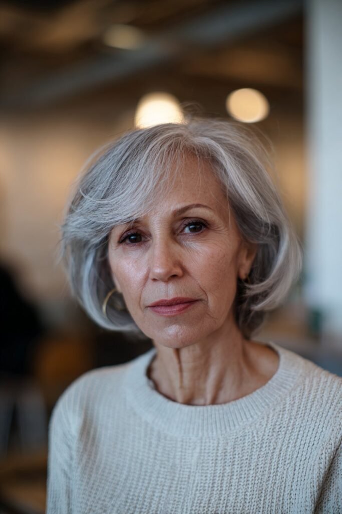 Gray side-swept hairstyle with soft layers brushed to one side