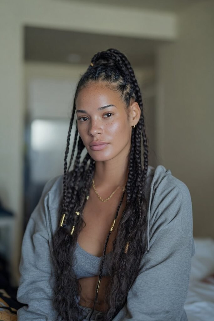 young woman with half-up cornrow ponytail, top braids tied, loose length flowing