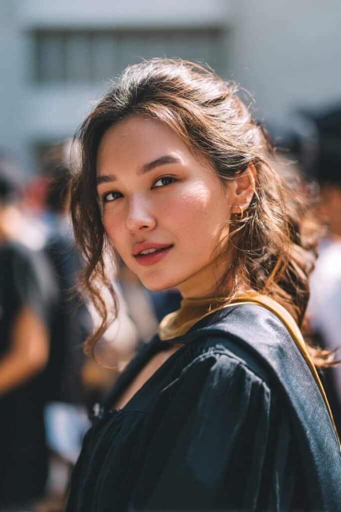 young woman with half up half down hair, soft grad hairstyles look