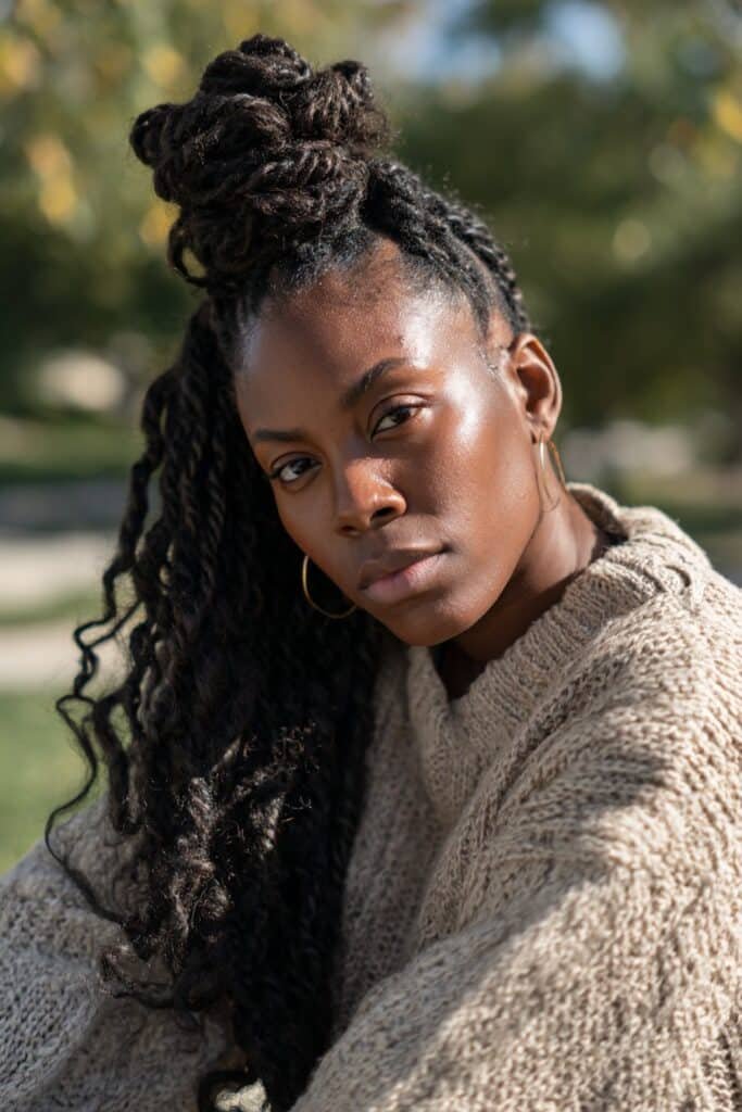 Black woman with half-up twist bun and loose twists.