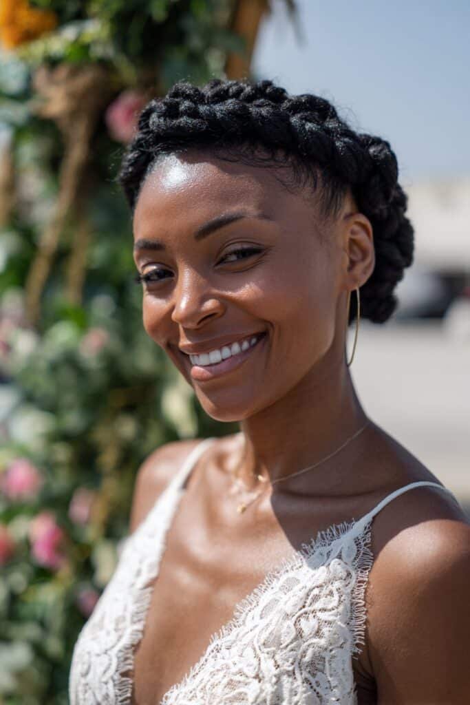 Black bride with halo braid crown updo.