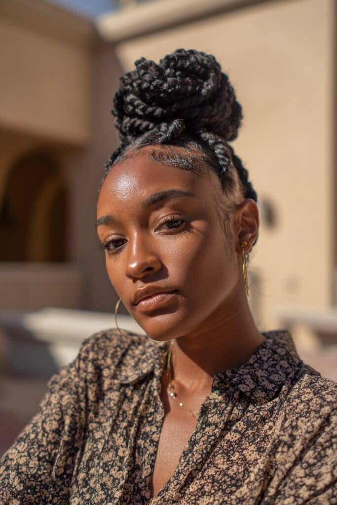 Black woman wearing Havana twist crown bun updo.