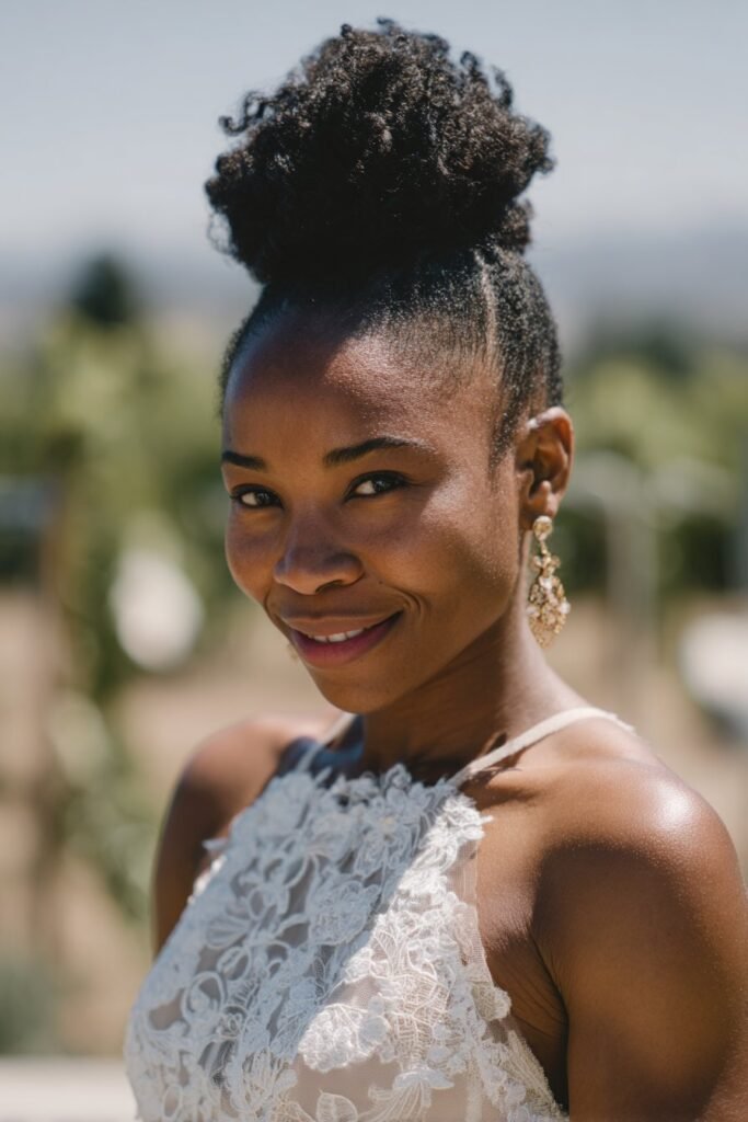 Black bride with natural high puff updo and sleek edges.