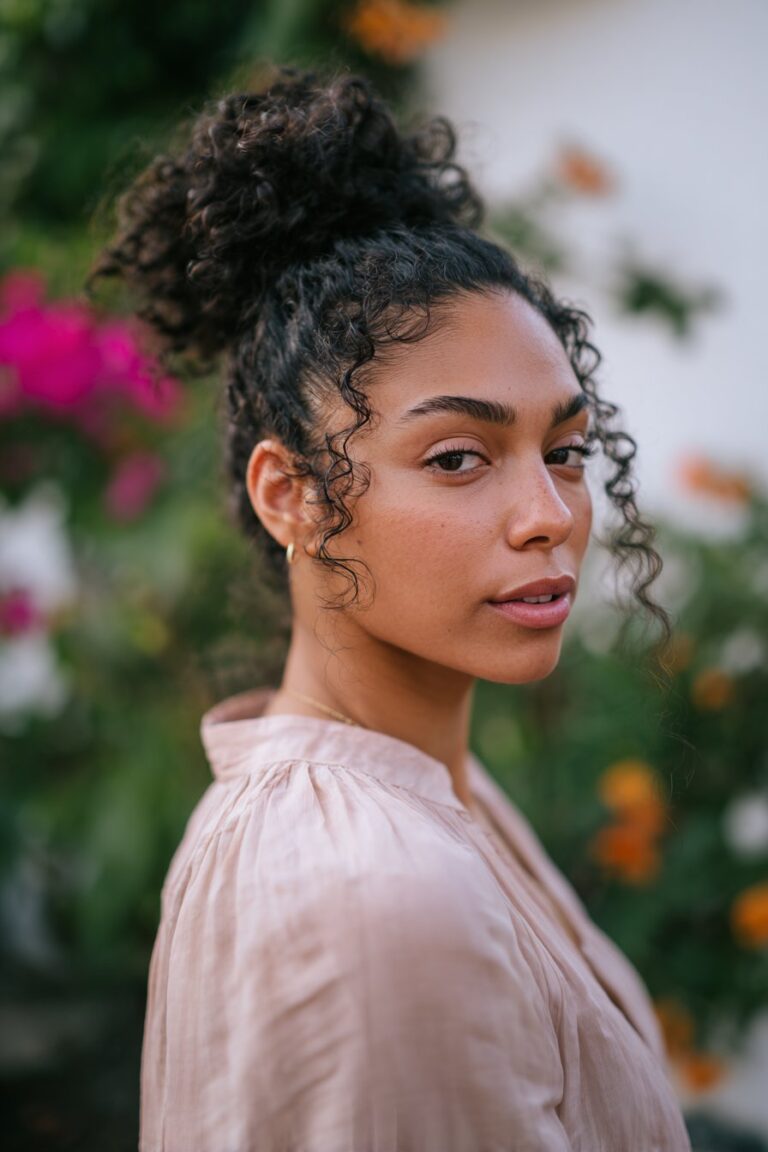 Black woman with high curly and voluminous framing face.
