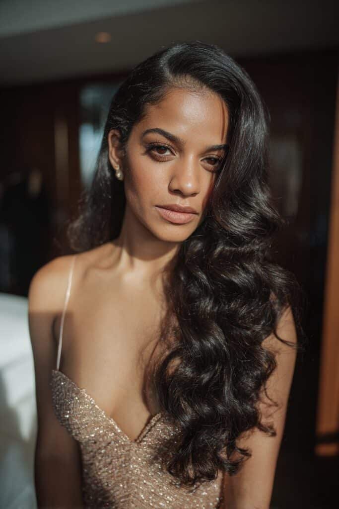 woman with Hollywood waves, glossy sculpted fancy hairstyles