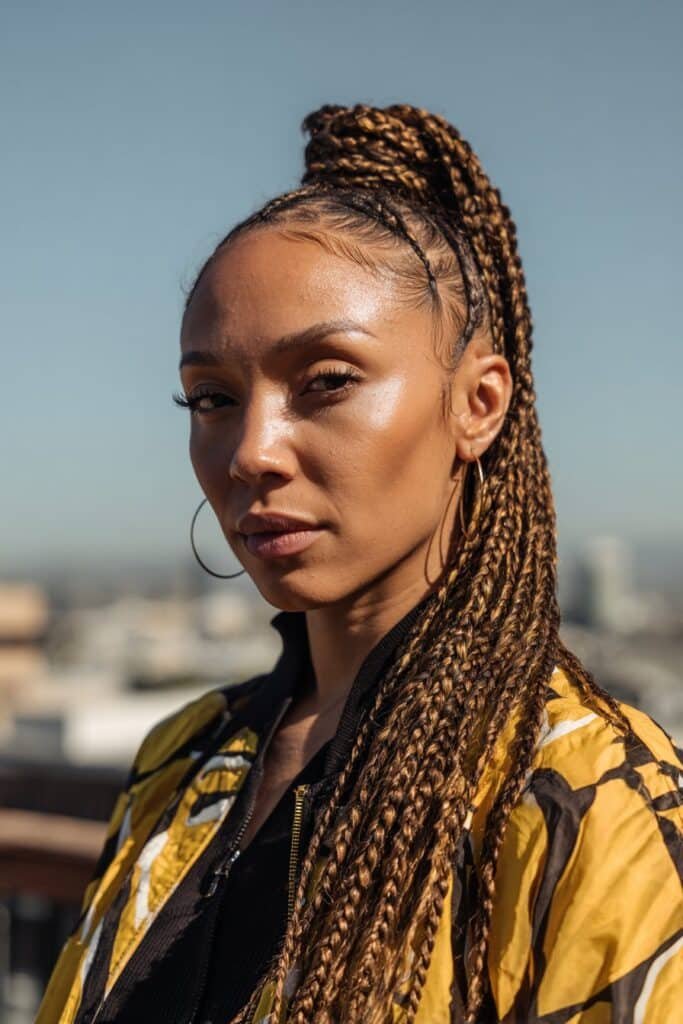 cornrow ponytail hairstyles with jumbo braids, bold high ponytail, modern look
