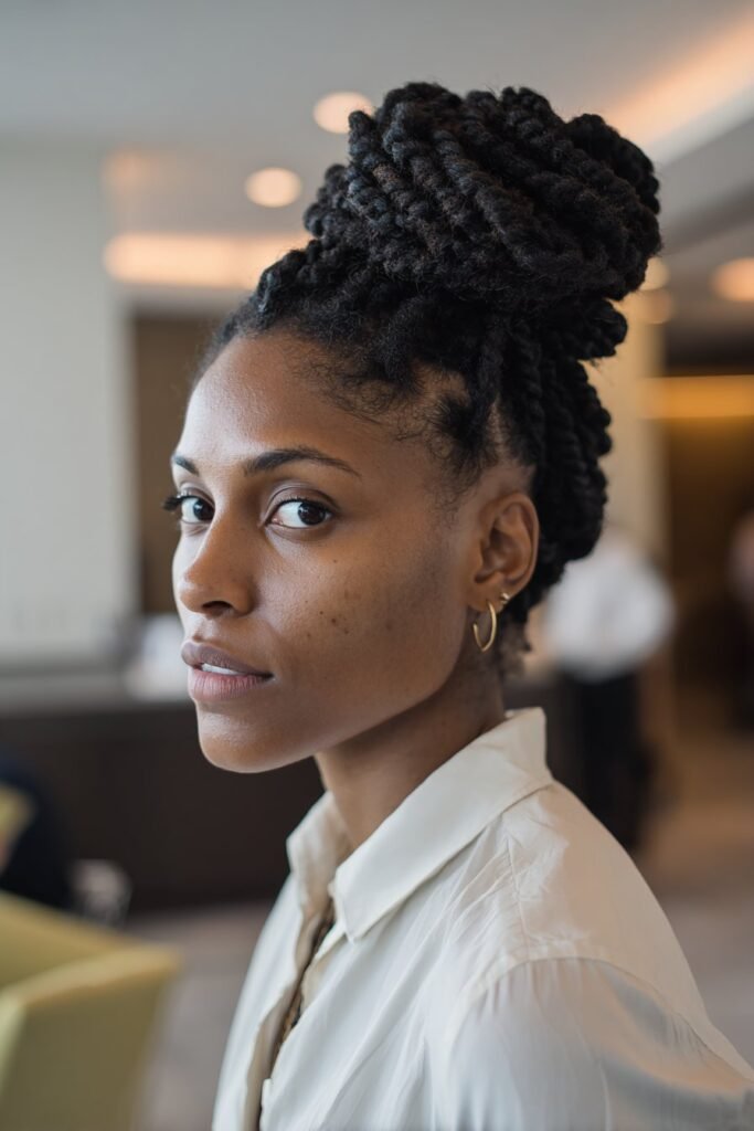Black woman with jumbo twist chignon at the nape.